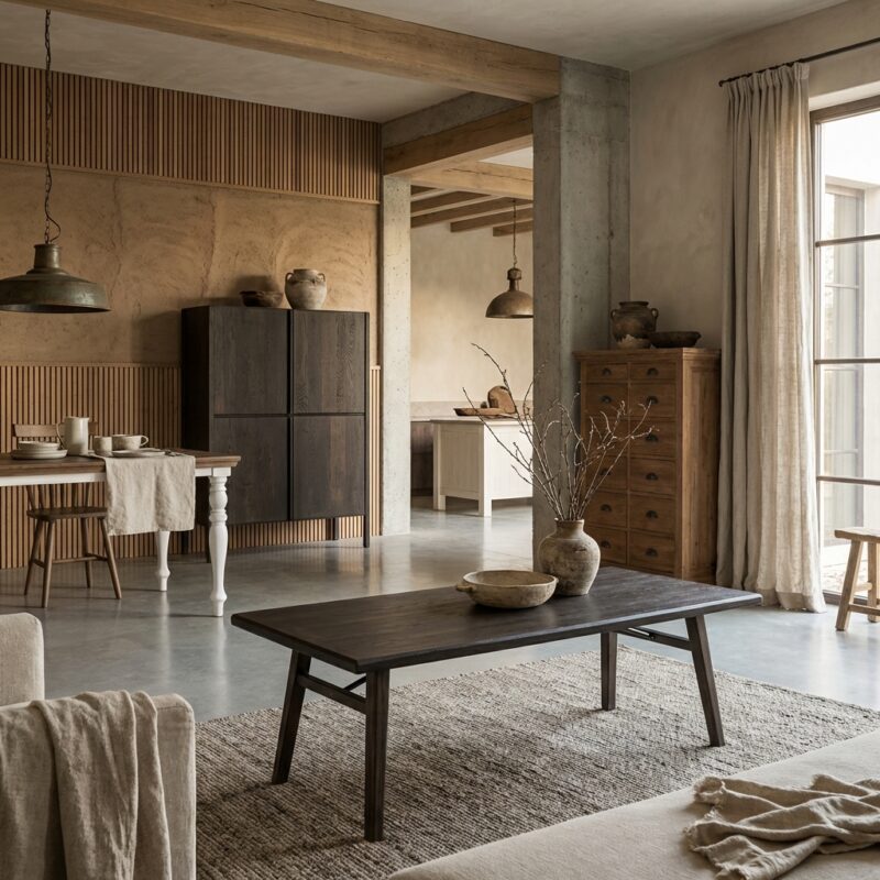 Rechthoekige salontafel espresso in bruin acacia hout, landelijk modern stijl