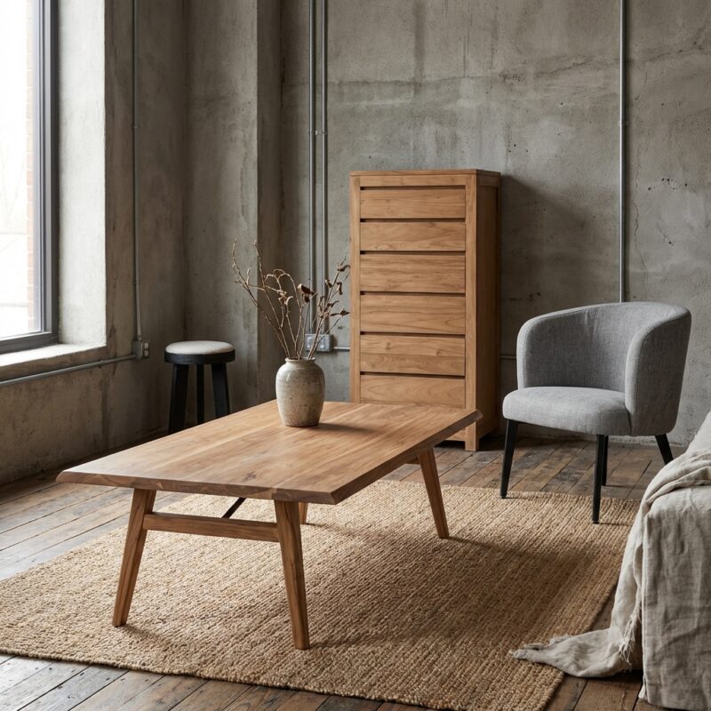 Rechthoekige salontafel in natuurlijk acacia hout, landelijk modern stijl