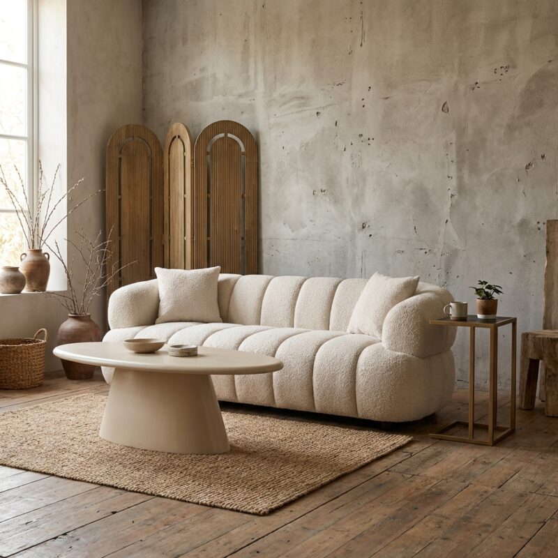 Bank Amelia natural fancy, zwarte bank met afneembare kussens en armleuning