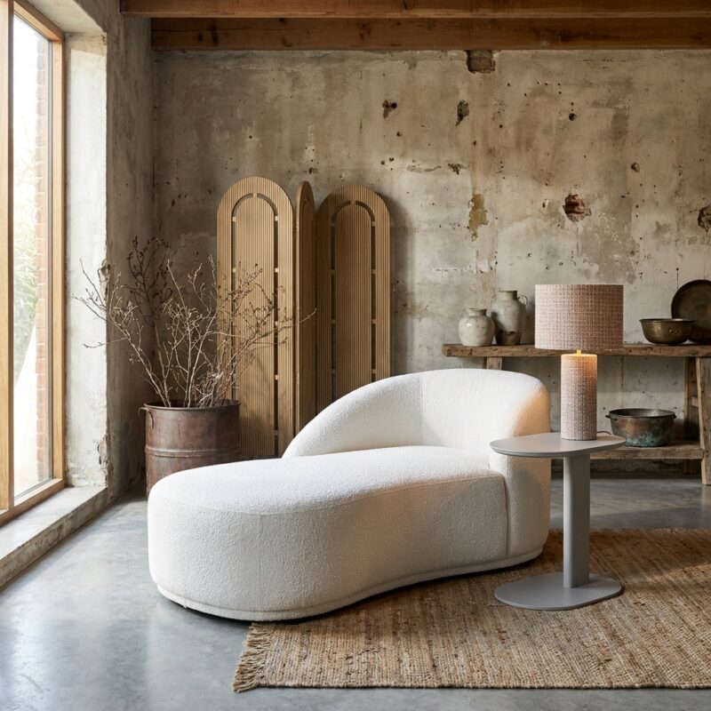 Bank Emma cream fancy chaise longue, chique loungmeubel met cream fancy-stof en afgeronde lijnen