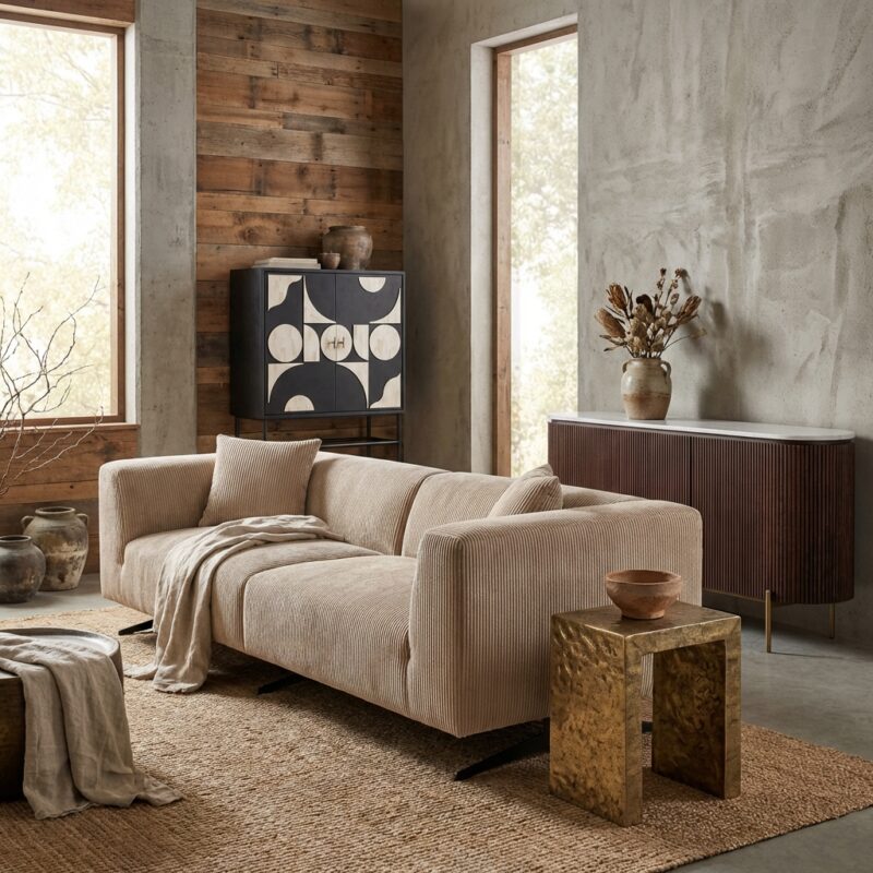 Hoxton 3-zits bank in lovely beige met metalen poten en dikke kussens