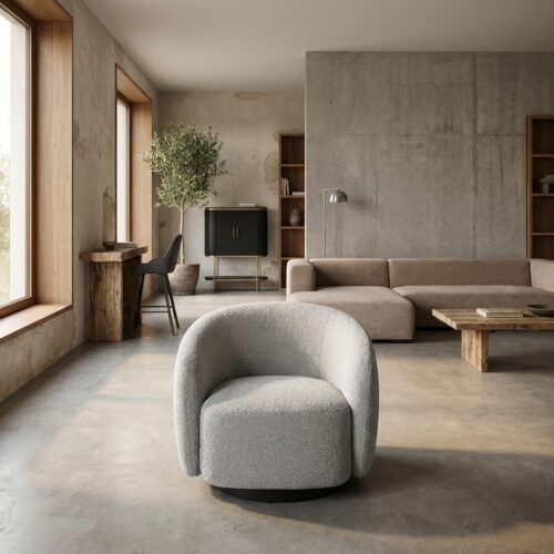 Belfast armchair in gray, Japandi style, swivel