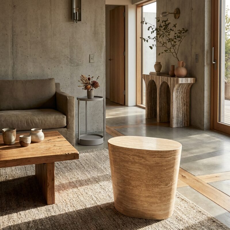 Bijzettafel Fictus beige, faux travertin, modern interieurstijl