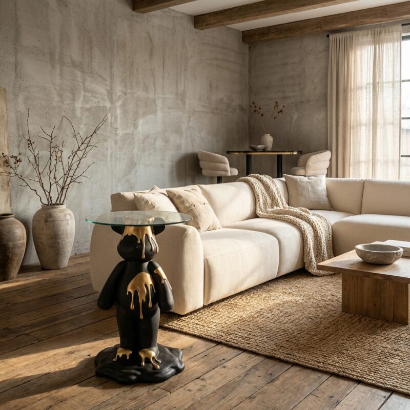 Bijzettafel Ice Bear black/gold, polyresin en gehard glas, modern en kinderlijk