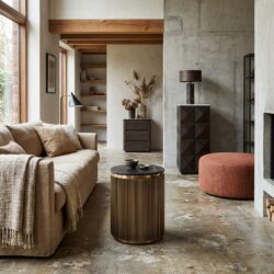 Bijzettafel Ironville 50Ø, Mid-Century Modern stijl, messingkleurig en zwart marmeren blad