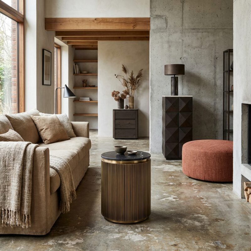 Bijzettafel Ironville 50Ø, Mid-Century Modern stijl, messingkleurig en zwart marmeren blad