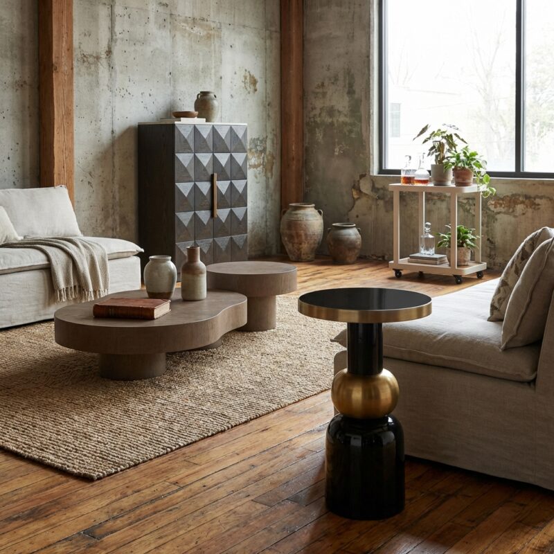 Bijzettafel Mose black 41Ø, handgemaakt, ijzer, goud en zwart