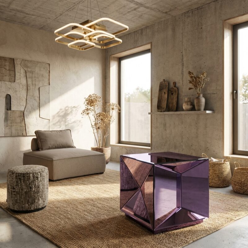 Bijzettafel Shifra purple, modern en stijlvol meubelstuk met spiegel en MDF