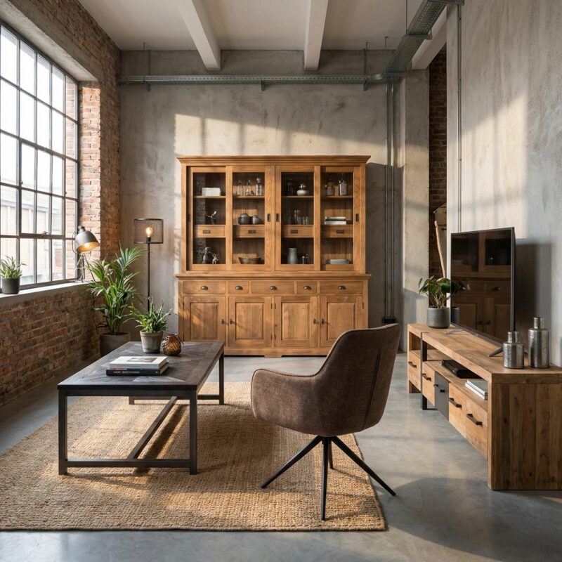 Klassieke buffetkast in bruin gehakt hout met gesloten deuren