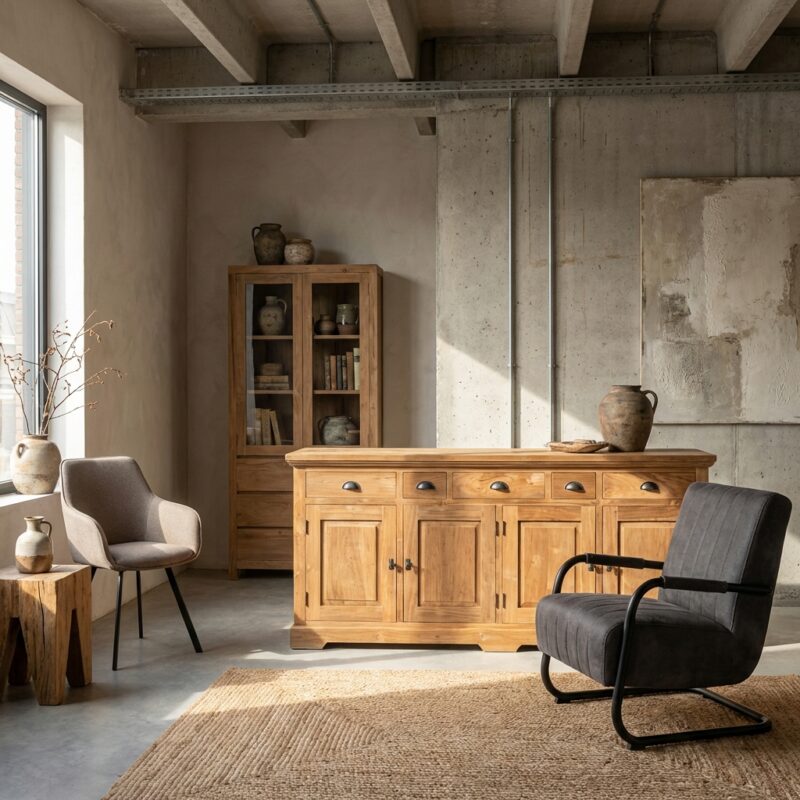 Klassiek stijl dressoir in bruin recycled teak met gemonteerde deuren