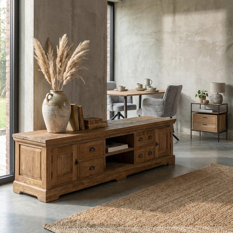 Klassiek TV-meubel in bruin recycled teak met diepe houtstructuur