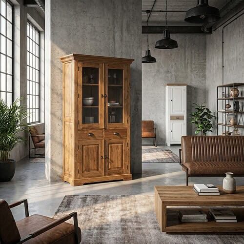 Kast van massief hout in industrieel interieur Massivholzschrank in einem Interieur im Industrial-Stil