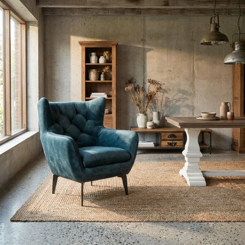 Klassieke blauwe fauteuil met stalen poten en poeder coating