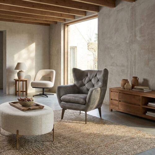 Klassieke fauteuil in grijs met stalen poten, powder coating