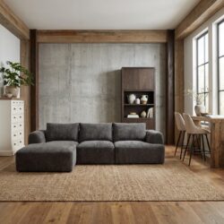 Canterbury 2-5-AR + Chaise L bankstel in cement grijs met hotelchique stijl