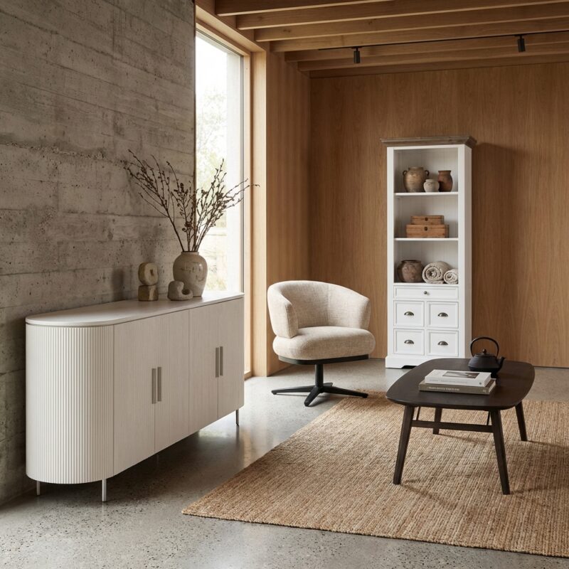 Corbetta dressoir 210 cm, Japandi stijl, beige kleurtint, houten