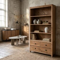 Corona boekenkast 120 cm, landelijk stijl, bruin teakhout, 2 deuren