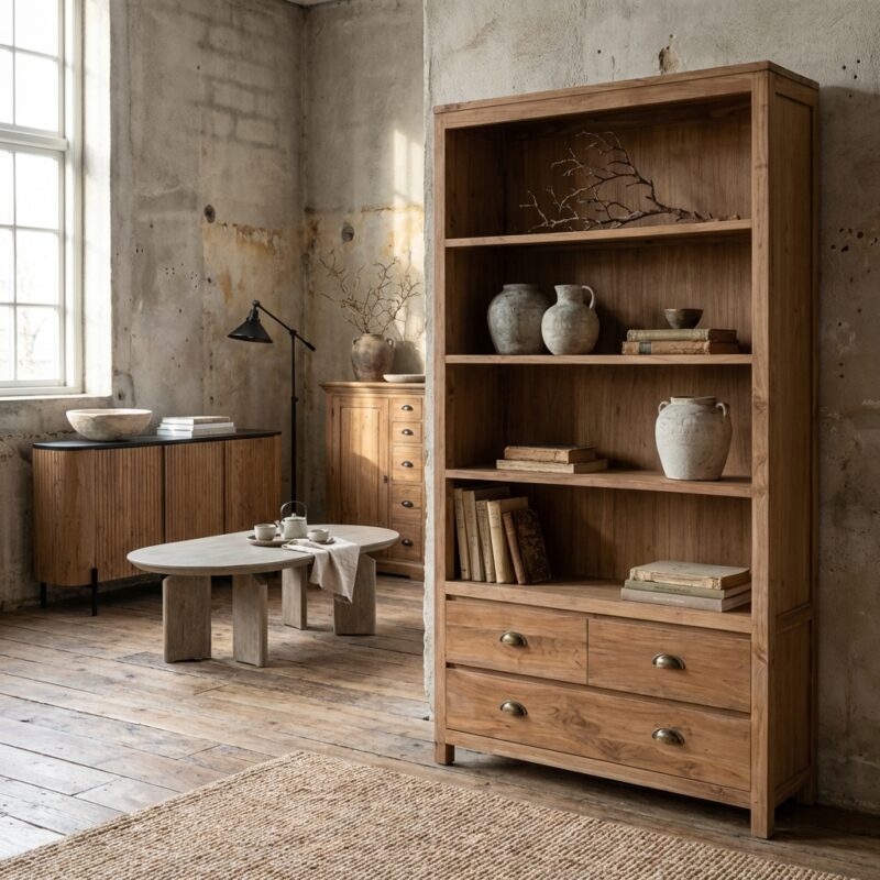 Corona boekenkast 120 cm, landelijk stijl, bruin teakhout, 2 deuren