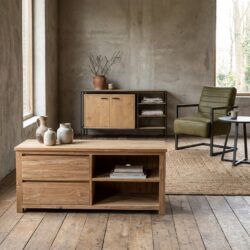 Corona TV-meubel 130 cm, landelijk stijl, bruin teak, 50 cm diep