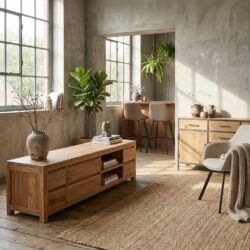 Corona TV-meubel 170 cm, landelijk stijl, bruin teak, unfinished