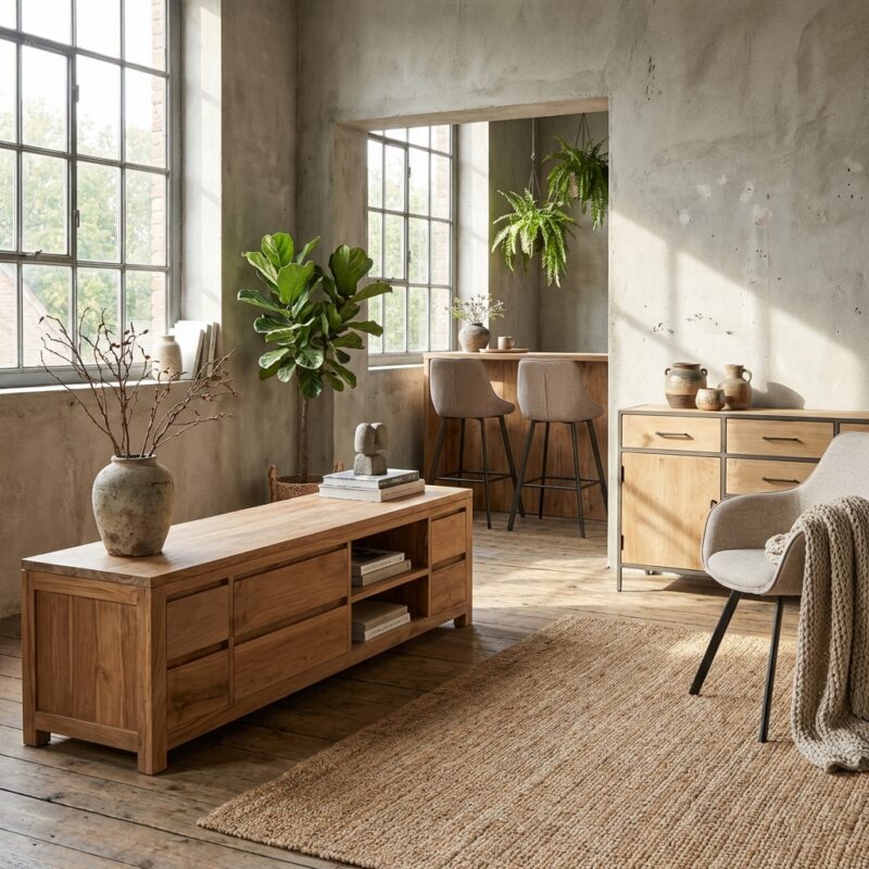 Corona TV-meubel 170 cm, landelijk stijl, bruin teak, unfinished