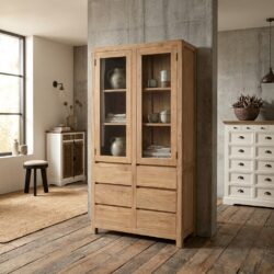 Corona vitrinekast 100 cm, landelijk stijl, bruin kleurtint, teak materiaal