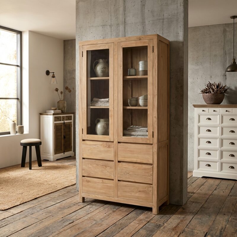 Corona vitrinekast 100 cm, landelijk stijl, bruin kleurtint, teak materiaal