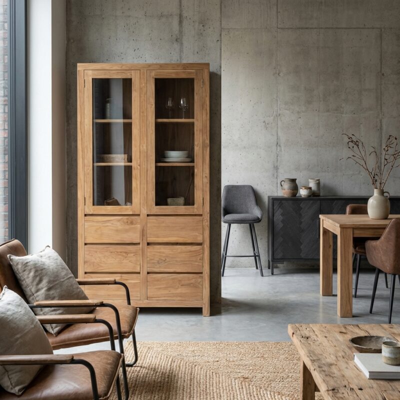 Corona vitrinekast 100 cm, landelijk stijl, bruin kleurtint, teak materiaal