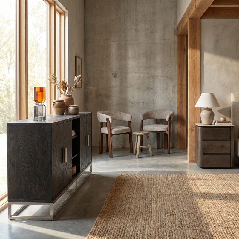 Dressoir Blackbone silver 4-deuren met eiken en RVS