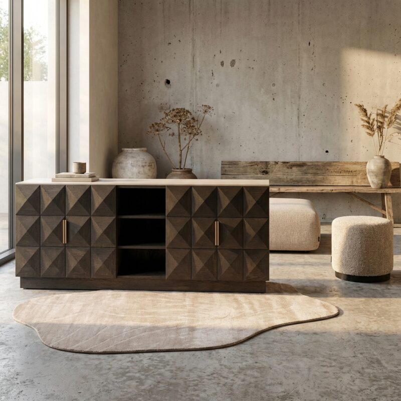 Dressoir Claremont brown, goudkleurig, travertine en eiken fineer, handgemaakt