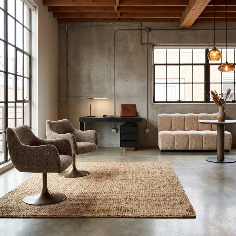 Elegante brown tweed eetkamerstoel met armleuning en draaibaar mechanisme