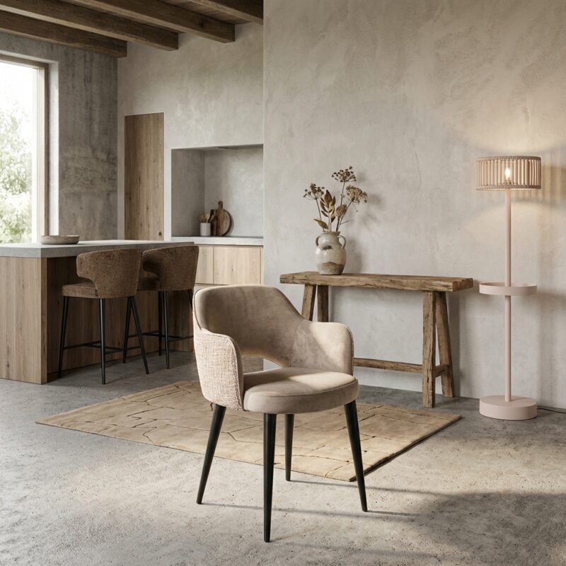 Eetkamerstoel Giovanna trendy roze en quartz khaki met fluwelen bekleding