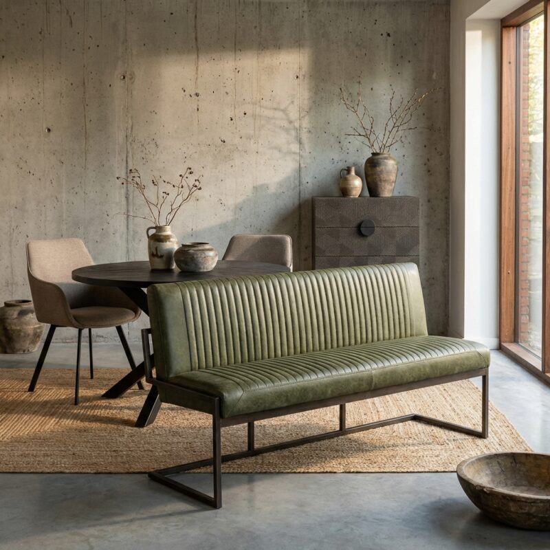 Ferro eetkamerbank met industrieel frame in Savannah groen