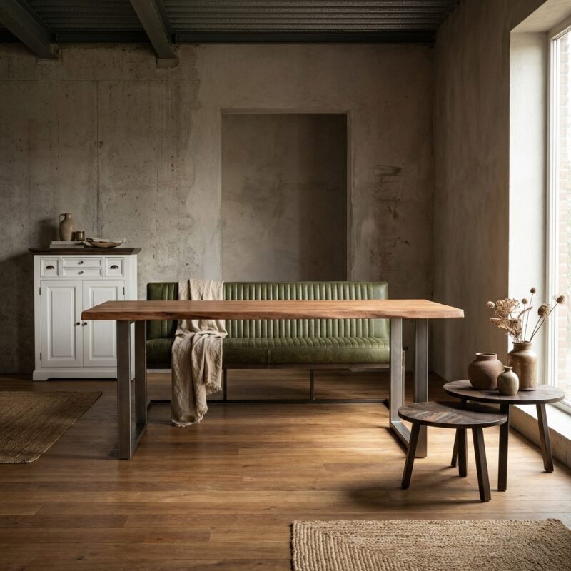 Ferro eetkamerbank met industrieel frame in Savannah groen