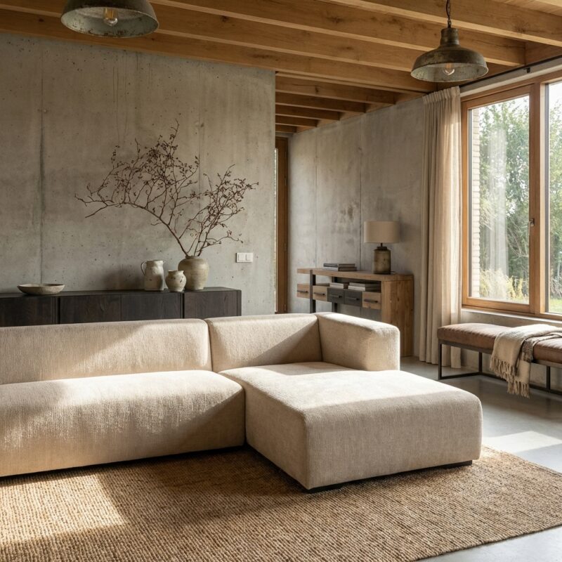 Glasgow 2 5-zitsbankset AL + chaise lounge in beige, new vintage stijl