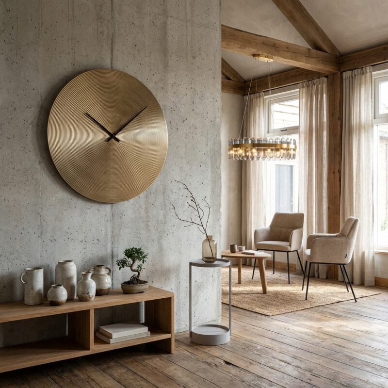 Goudkleurige klok Aden met zwartkleurige wijzers en simplistisch design