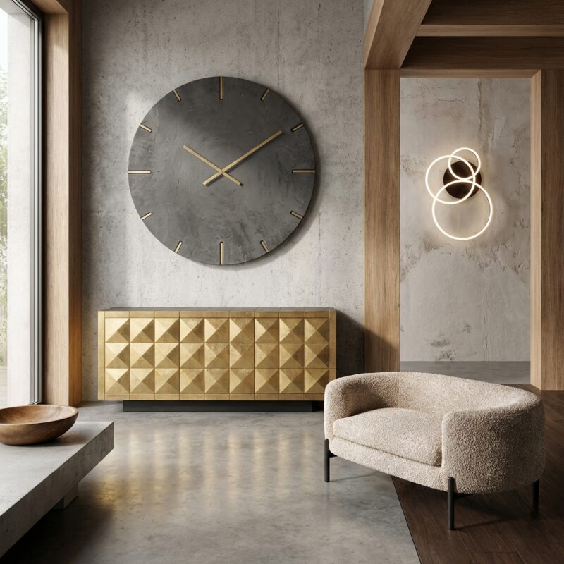 Stijlvol zwarte aluminium klok met gouden wijzers