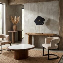 Klok Bram black/gold, goudkleurige standaard en marmeren wijzerplaat