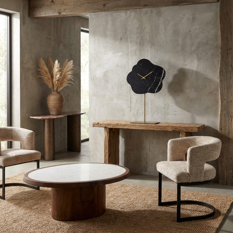 Klok Bram black/gold, goudkleurige standaard en marmeren wijzerplaat