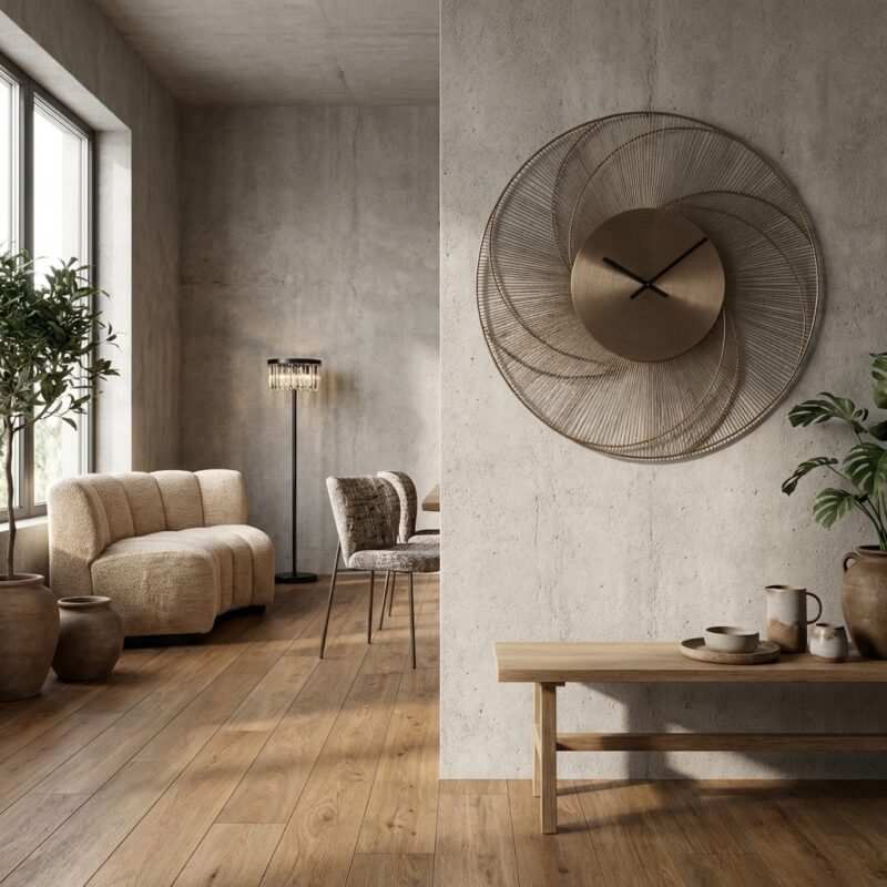 Ronde gouden wandklok Denver met subtiele zonnestraaltextuur