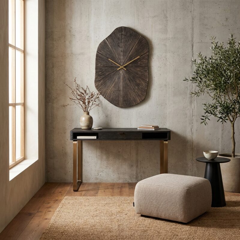 Ronde bronzen klok met subtiele glans en evenwichtige uitstraling