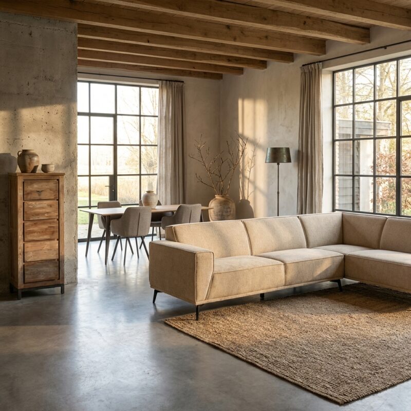 Leeds 2 5-AL bankstel met ottoman in beige landelijk modern stijl