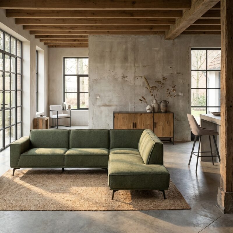 Leeds 2 5-zitsbankset met ottoman in flesgroen, landelijk modern stijl