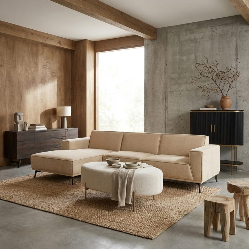 Leeds 2 5-zitsbankstel met chaise lounge in beige landelijk modern stijl