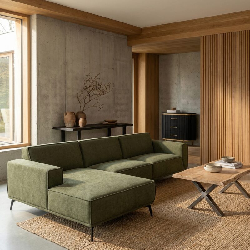 Leeds 2 5-zits bankstel met chaise lounge in groen, landelijk modern stijl