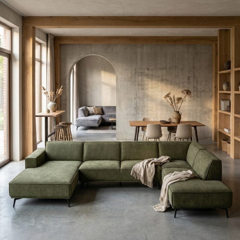 Leeds Chaise Lounge L + 2,5 zitplaats zonder armen in flesgroen landelijk modern design