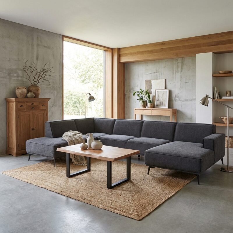 Leeds landelijke moderne bankstel met blauwe bekleding en zwarte frame