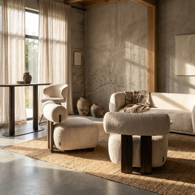 Lounge stoel Arabella lovely cream, handgemaakt, katoen en multiplex