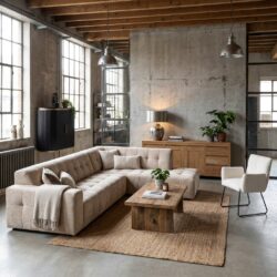 Memphis 3-AL plus ottoman in beige, modern design, leren stof