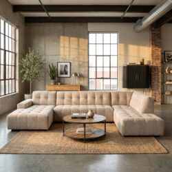 Memphis 3-zitsbank met ottoman in beige kleur en modern design